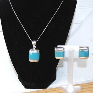 Taxco Mexico Sterling Silver Sleeping Turquoise Jewelry Set Necklace & Earrings